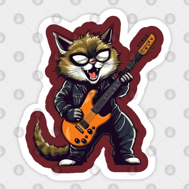 Cat playing an electric guitar Sticker by LEMOUS TEES